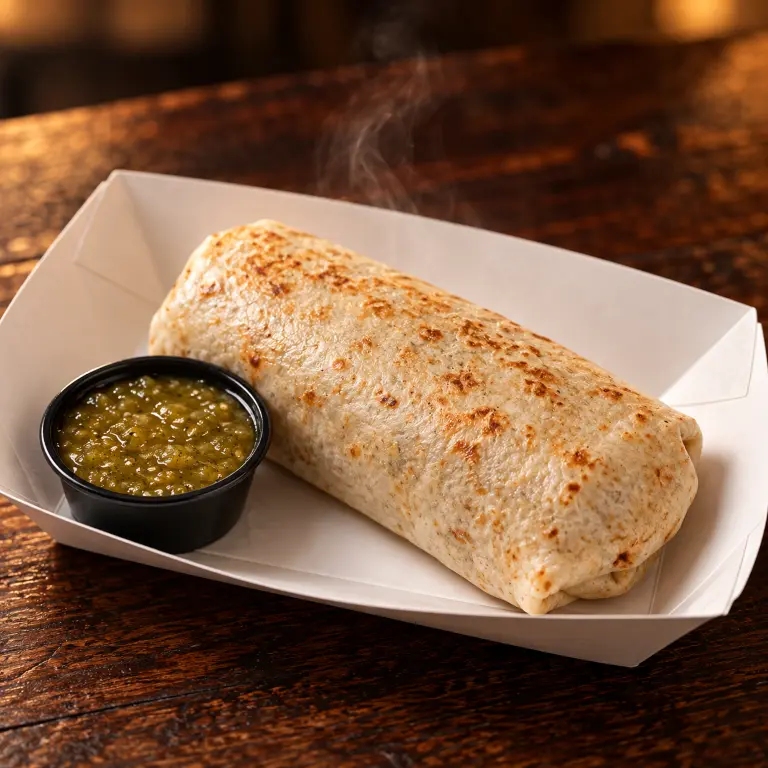 A pressed burrito served in a paper tray with a side of salsa verde