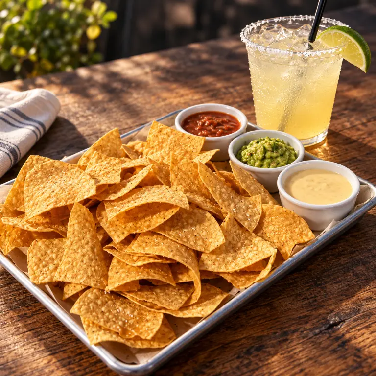 The chips trio: a tray of tortilla chips with salsa, guacamole and queso
