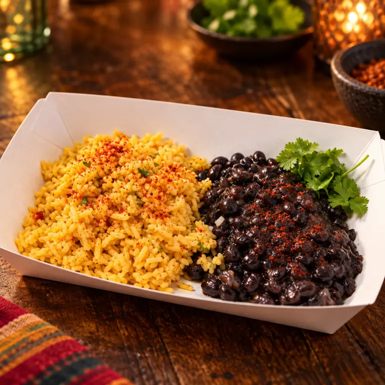 A side of Mexican rice and black beans dusted with chilli and topped with fresh cilantro