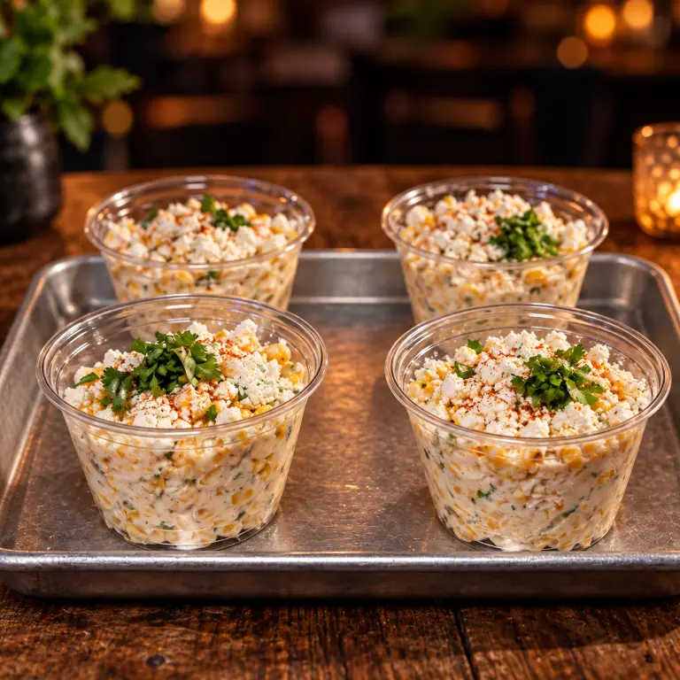 Four cups of Mexican street corn topped with cotija cheese, chilli and cilantro on a steel tray