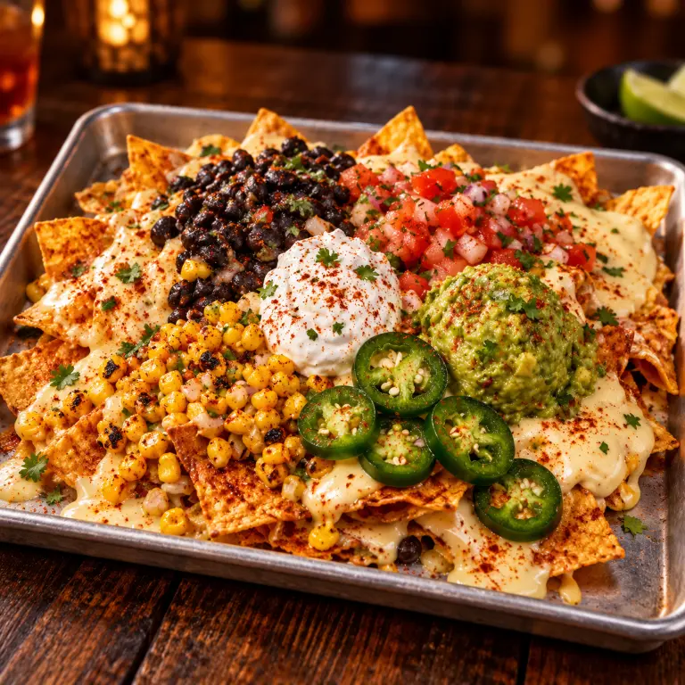 The OTH Nacho Supreme on a sheet pan, loaded with queso, black beans, roasted corn, pico de gallo, guacamole, sour cream and sliced jalapeño