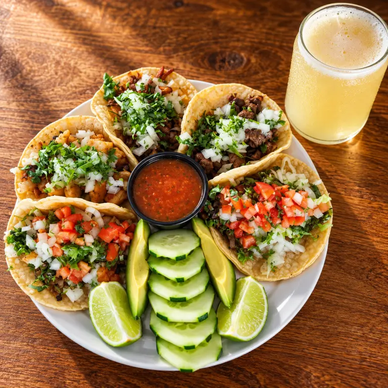 A plate of five soft shell tacos with cilantro, onion and salsa, served with a cold beer