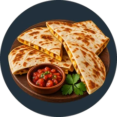 A quesadilla cut into four wedges on a wooden board with a bowl of salsa