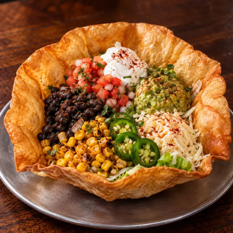 Taco salad served in a fried flour bowl with black beans, roasted corn, pico de gallo, guacamole, sour cream and shredded cheese